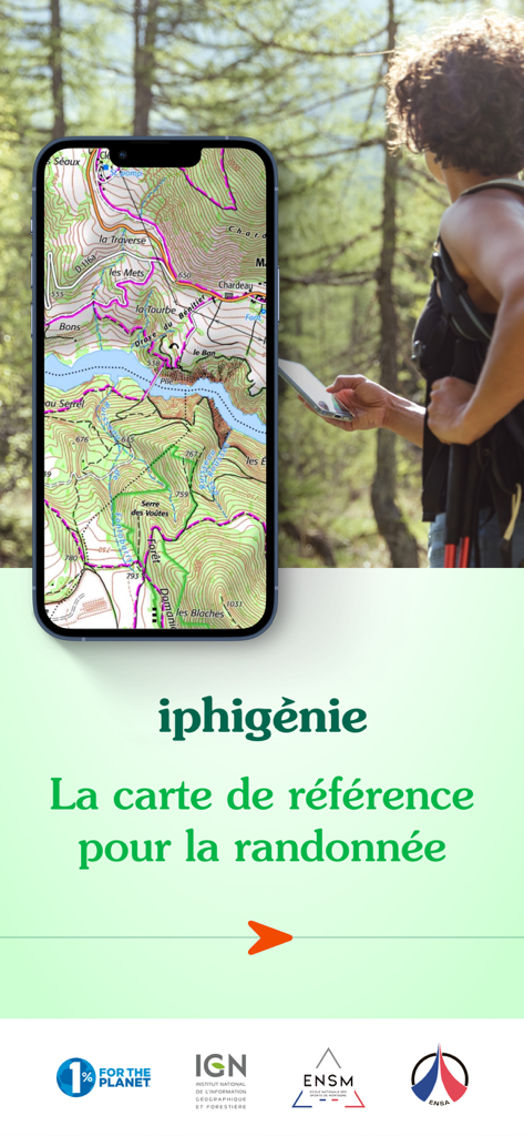 A smartphone displaying a professional topographic map from the Iphigenie app held by a hiker in a forest