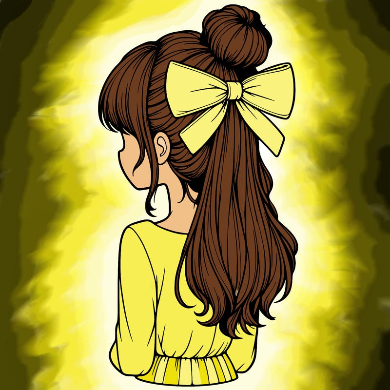 realistic girl  with hip length hair a bun and a big bow on the back of head