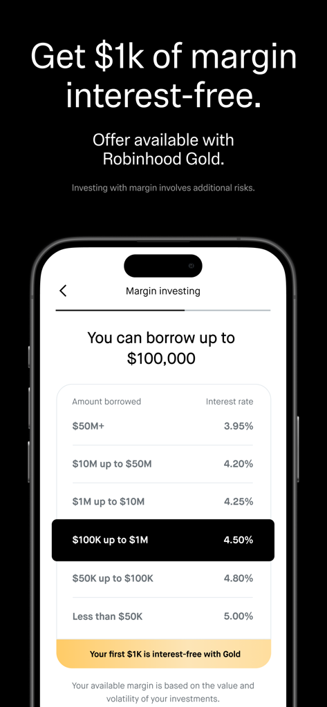 Robinhood app interface showing margin investing interest rates and the interest-free margin offer for Gold members.