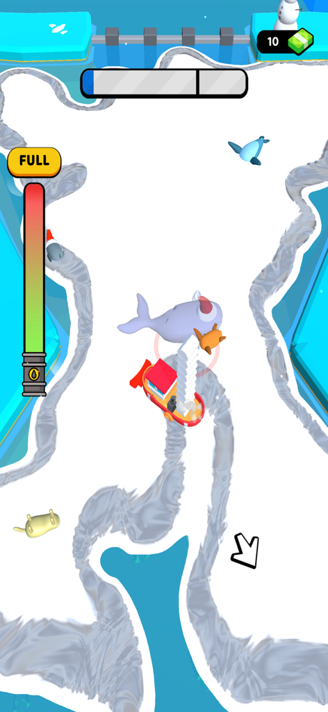 Idle Eco Miner: Ocean Cleanup - A small red boat cleaning oil spills in a frozen ocean environment with arctic sea creatures