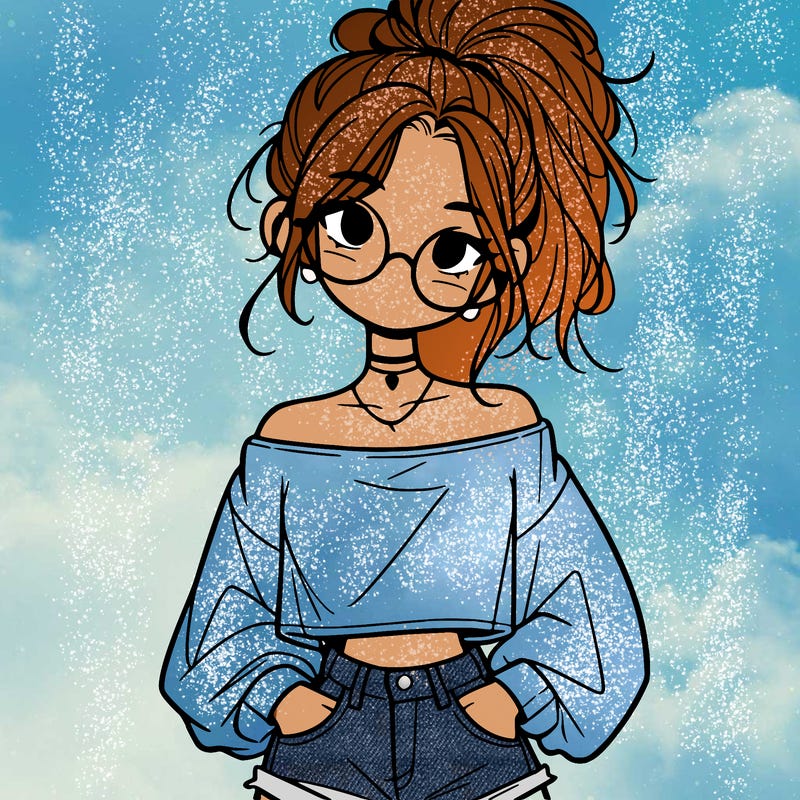 girl with a messy ponytail glasses a baggy crop top and jean shorts