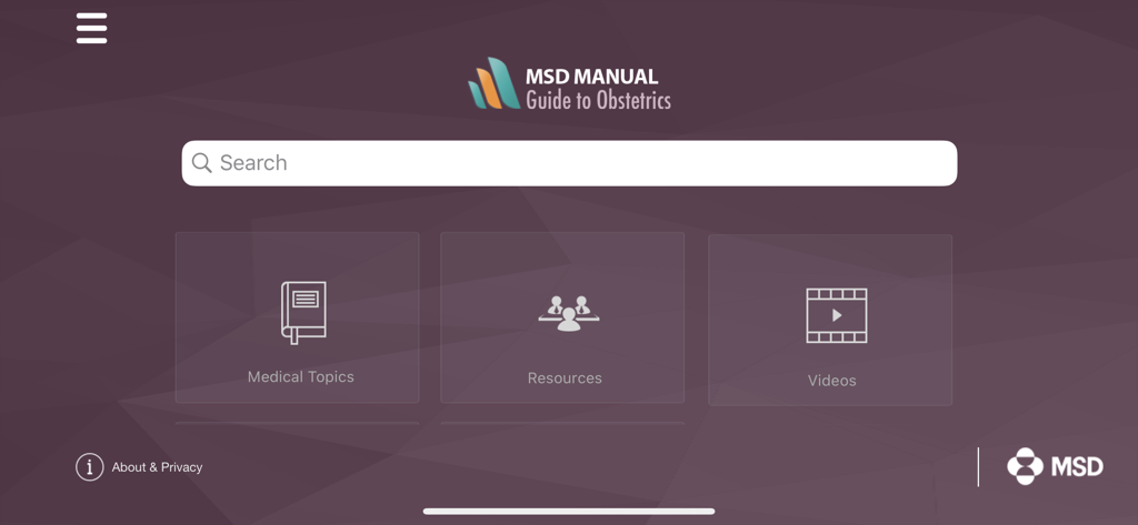 MSD Manual Guide to Obstetrics - Home screen of the MSD Manual Guide to Obstetrics app featuring a search bar and links to medical topics, resources, and videos.