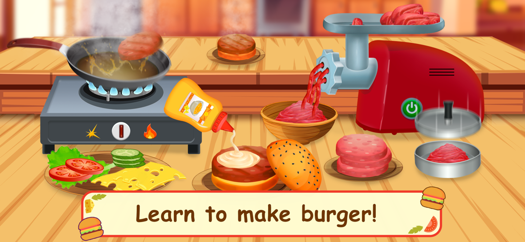 Burger Cafe – Cooking Games - 다양한 버거 준비 단계, 즉 고기 갈기, 패티 튀기기, 소스 추가 등을 보여주는 가상 주방 인터페이스