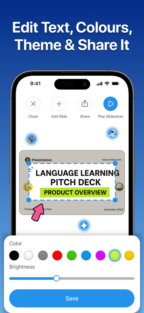 Interfaz de la aplicación Gamma AI que muestra herramientas para editar colores de texto y temas en una diapositiva de presentación