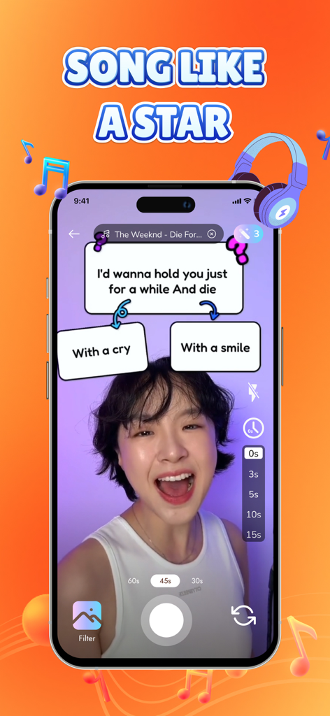 Quiz Reels: Filter Challenge - 女性がQuiz Reelsアプリの歌詞クイズフィルターを使用して動画を録画している様子