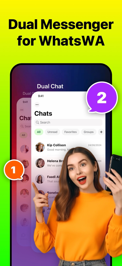 Une femme tenant un iPhone montrant deux interfaces de compte de chat distinctes de l'application Dual Messenger.