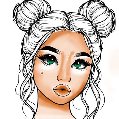 realistic girl with two buns on her hair and lips