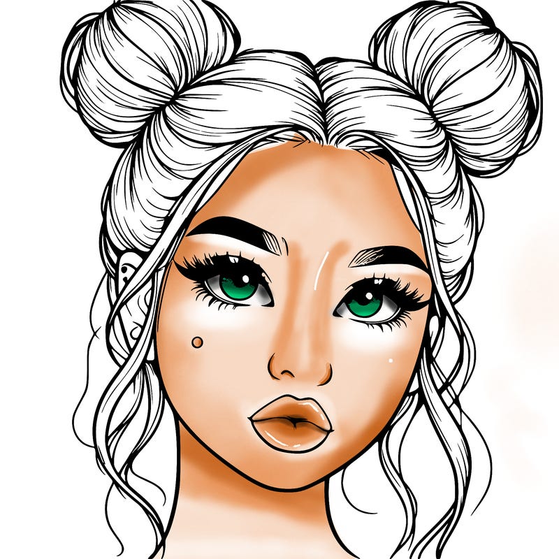 realistic girl with two buns on her hair and lips