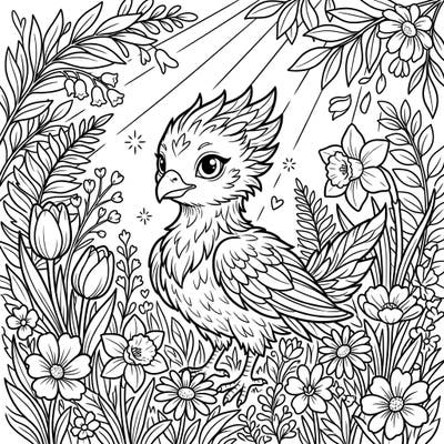 Celebrate new beginnings with this charming coloring page featuring a phoenix hatchling nestled among lush spring blooms. Bring this magical scene to life with your favorite colors and creative flair.