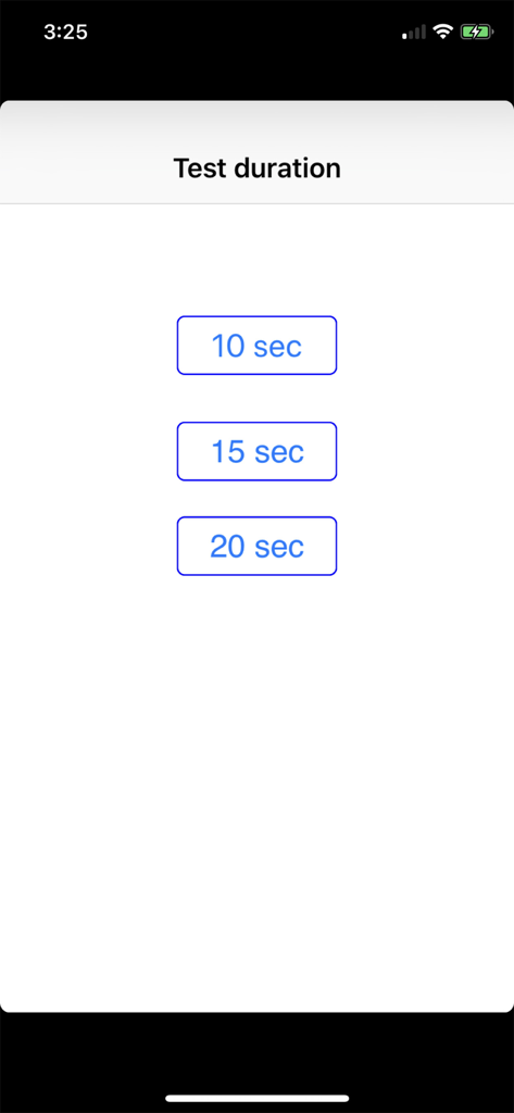 Test duration selection screen in the Visual Vertical app with options for ten fifteen and twenty seconds