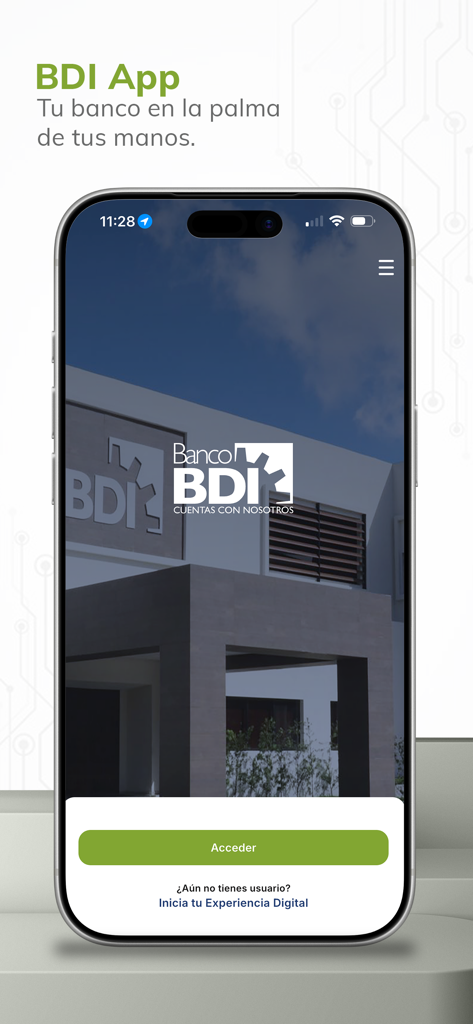 BDI APP - Pantalla de inicio de sesión de la BDI App mostrando el logo de Banco BDI y el botón de acceso