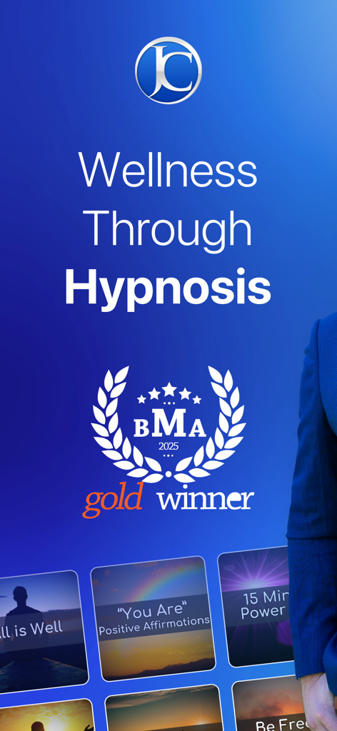 Hypnosis with Joseph Clough - Promo screen for Hypnosis with Joseph Clough featuring a BMA 2025 gold winner badge and various hypnotherapy session thumbnails.