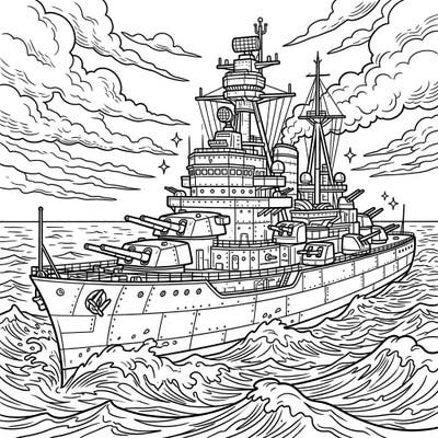 Command the seas with this detailed dreadnought warship coloring page, crafted especially for teens. Explore complex lines and dynamic elements as you bring this powerful battleship to life.