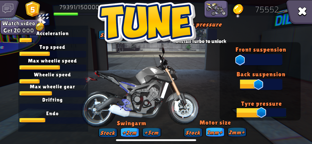 Menu de personalização e ajuste de moto no aplicativo Wheelie King 7 mostrando opções de ajuste de suspensão e motor