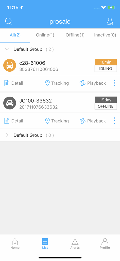 Tracksolid app screen showing a list of tracked vehicles with their status as idling or offline