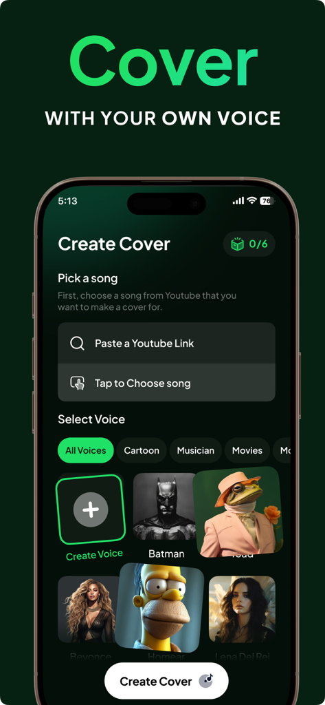 Songi - AI Music & Cover Maker - Interfaz de la aplicación Songi que muestra la pantalla de creación de covers con varias opciones de voz de IA como Batman y Homer.
