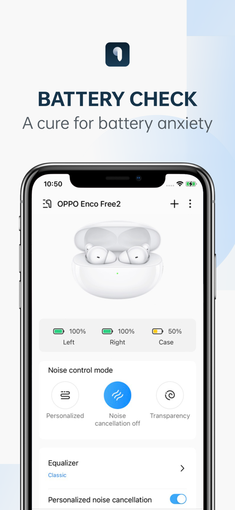 HeyMelody app screen showing battery status and noise cancellation settings for earbuds