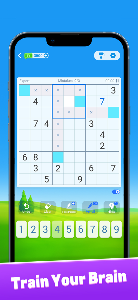 Sudoku: Train Brain Puzzles - Una pantalla de teléfono móvil que muestra un puzzle de Sudoku de nivel experto con el texto Entrena tu cerebro.