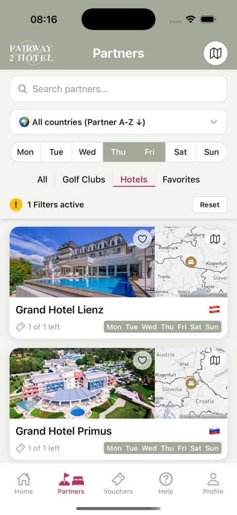 FAIRWAY 2 HOTEL - Tela do aplicativo móvel mostrando hotéis parceiros na Europa com ofertas 2 por 1 para golfistas e viajantes.