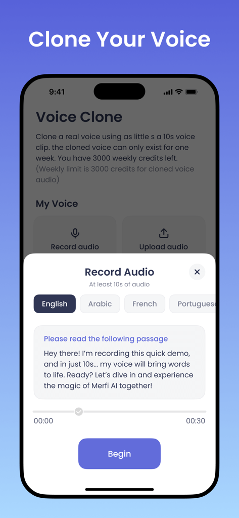 Merfi AI: Text to Speech, TTS - A mobile interface for Merfi AI showing the voice clone feature with a record audio popup to create a custom AI voice.