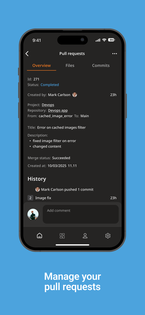 Az DevOps - Az DevOps mobile app interface showing pull request details and history on an iPhone.