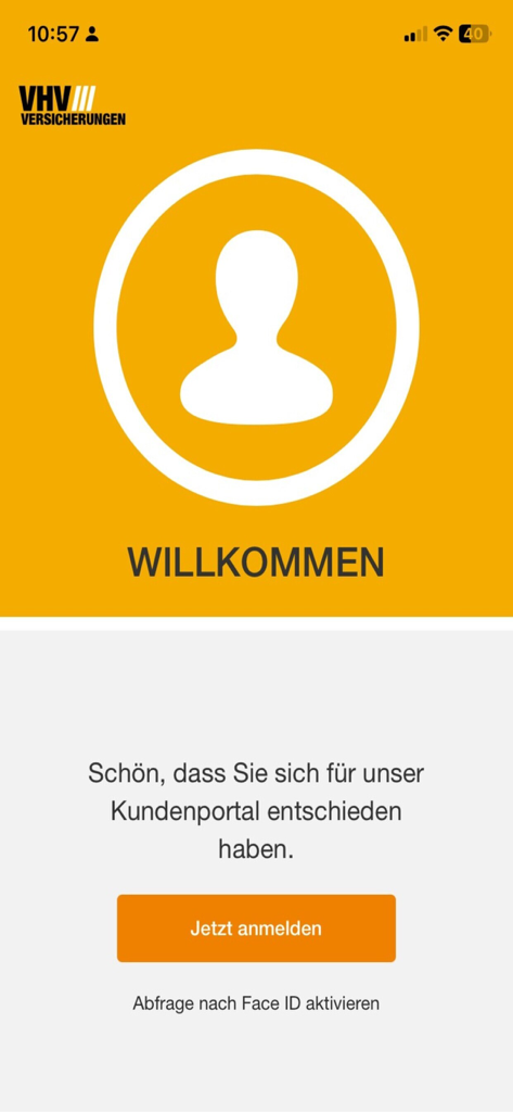 VHV Kundenportal - Welcome screen of the VHV insurance customer portal app showing a login button and profile icon.