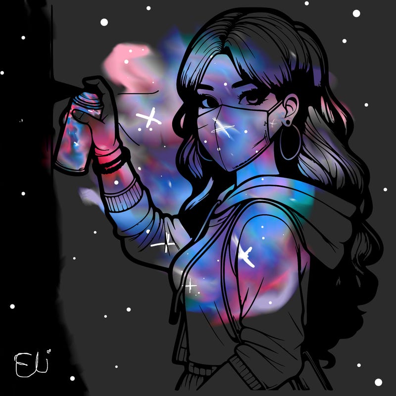 realistic girl with mask spray painting a wall