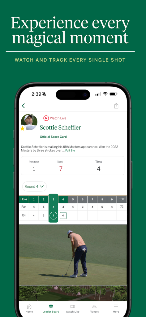 The Masters Tournament - La aplicación The Masters Tournament presenta las puntuaciones en vivo de Scottie Scheffler y las estadísticas del jugador.