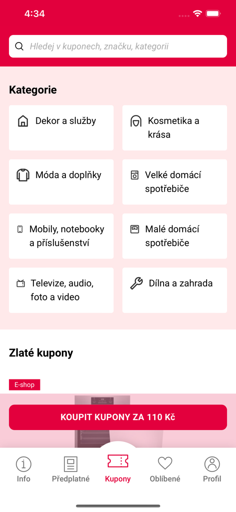 Mobile app interface for Dny Marianne showing shopping categories and a button to purchase discount coupons