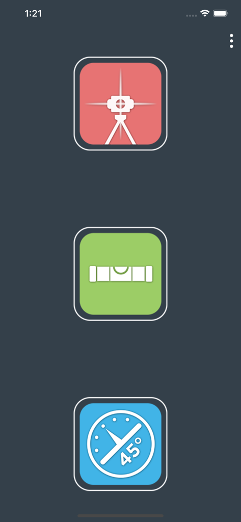 Pocket Laser Level - Interfaz principal de la aplicación Nivel Láser de Bolsillo mostrando iconos para las herramientas de puntero láser, nivel de burbuja e inclinómetro