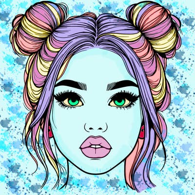 realistic girl with two buns on her hair and lips