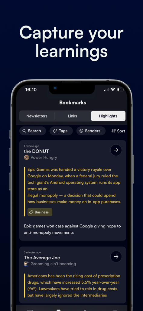 Newsletter Reader by Meco - The Meco app interface showing saved highlights and bookmarks from newsletters with tag and search functionality in dark mode