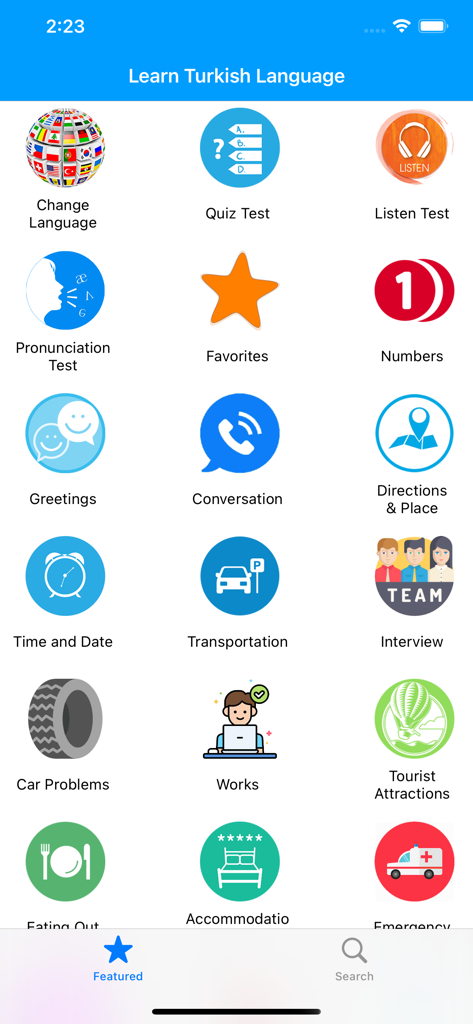 Hauptmenü der Learn Turkish Language Offline App mit verschiedenen Kategorien wie Begrüßungen, Transport und Essen gehen.