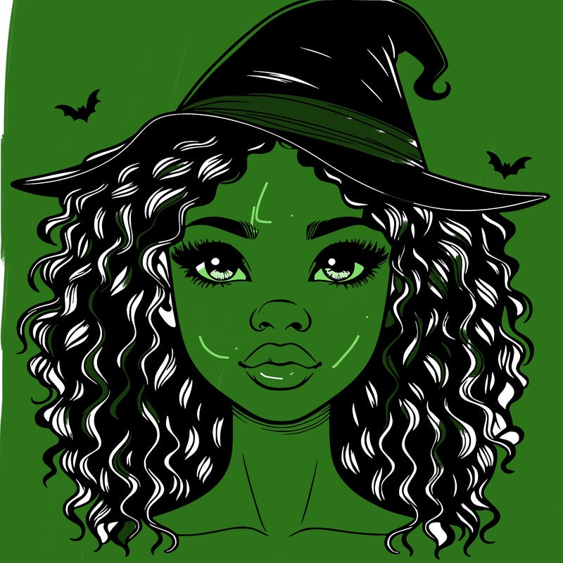 realistic black girl with wavy hair and witch hat and nose and lips