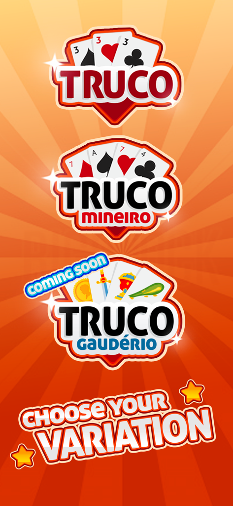 TRUCO GameVelvet - Card Game - Tela mostrando diferentes variações do jogo Truco para escolher, incluindo Mineiro e Gauderio