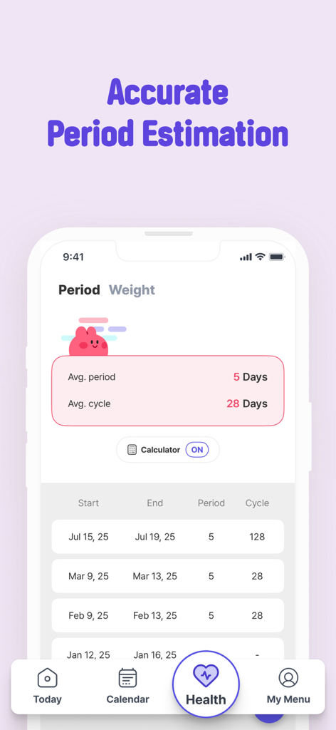A mobile screen from Bom Calendar app showing accurate period estimation and historical cycle data