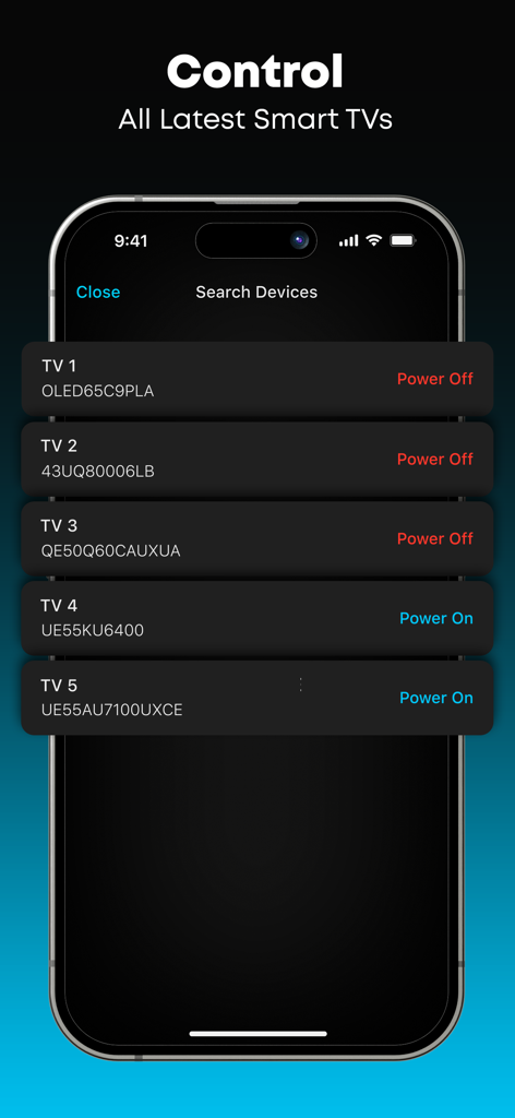 Stick app interface showing a list of multiple smart TVs available for remote control