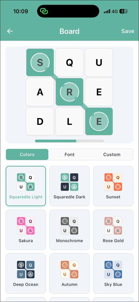 Squaredle - Eine Auswahl an Farbthemen für das Squaredle-Worträtselspiel, darunter Sunset und Rose Gold