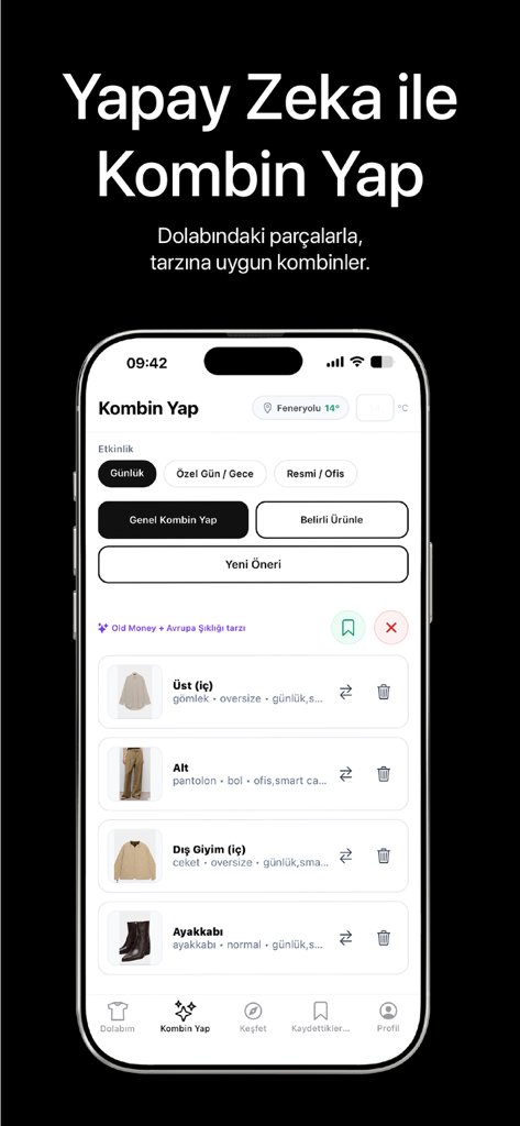 Sylora: AI Outfit Planner - Sylora mobile app interface showing AI generated outfit suggestions based on personal style and weather