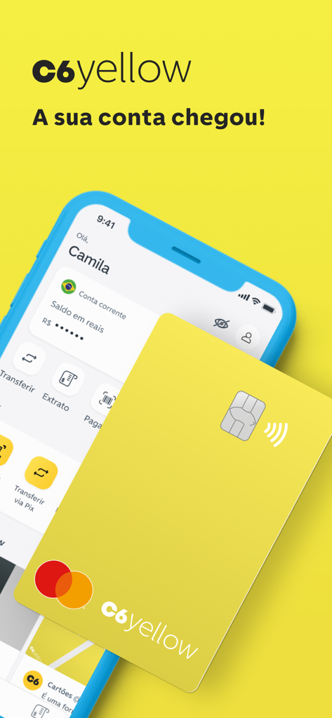 C6 Yellow - C6 Yellow mobile banking app interface showing a user profile and a yellow Mastercard debit card