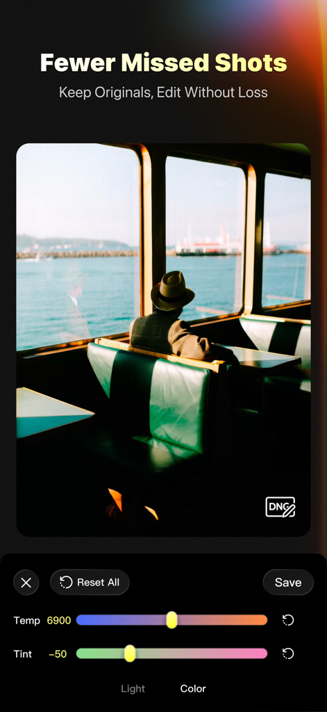 Kapi Cam app interface showing retro photo editing with temperature and tint sliders