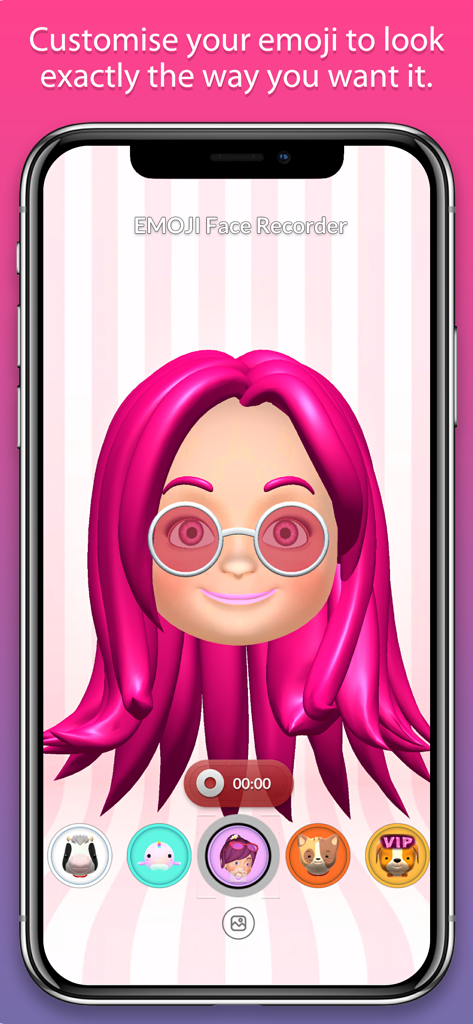 Custom 3D avatar with pink hair and sunglasses in the Emoji Face Recorder app interface