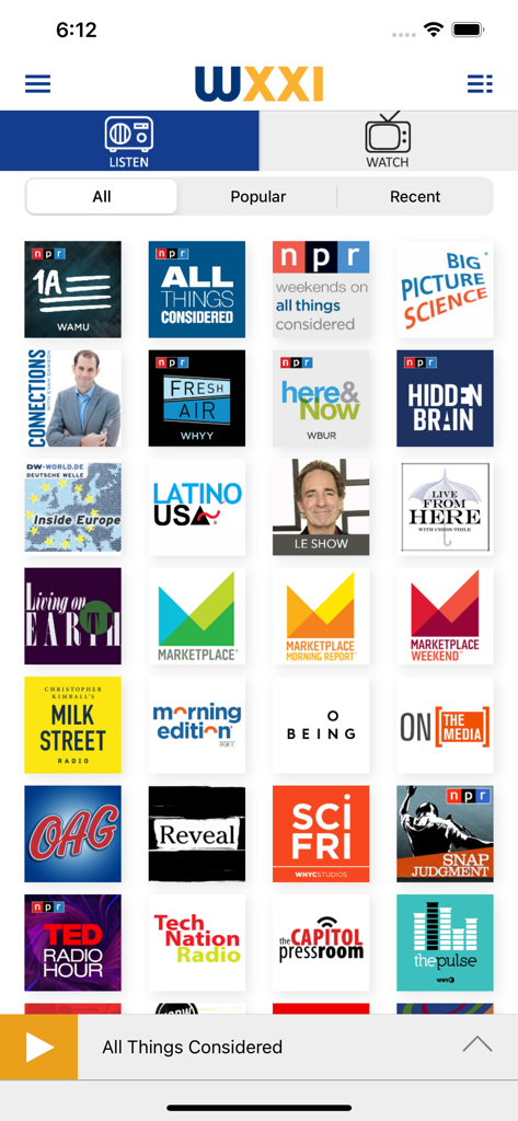 WXXI Public Media App - A grid of available radio programs on the WXXI Public Media App listen screen.