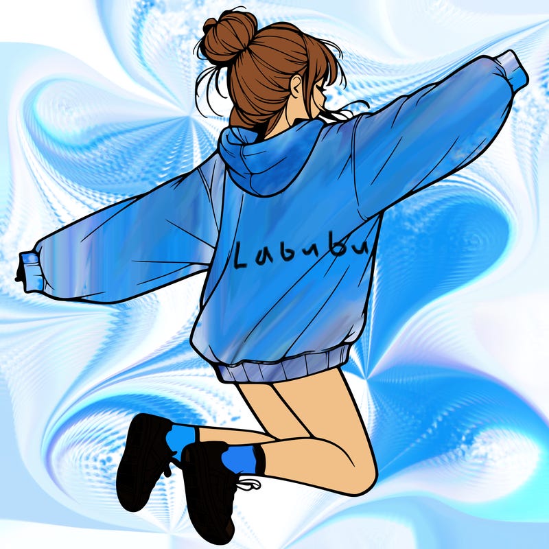 realistic girl jumping with a bun and oversized sweatshirt