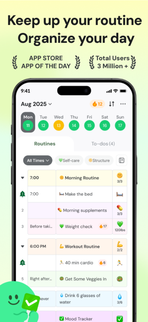 MyRoutine: Routine Habit Goal - A mobile interface of the MyRoutine app showing a structured daily schedule with habits and task tracking.