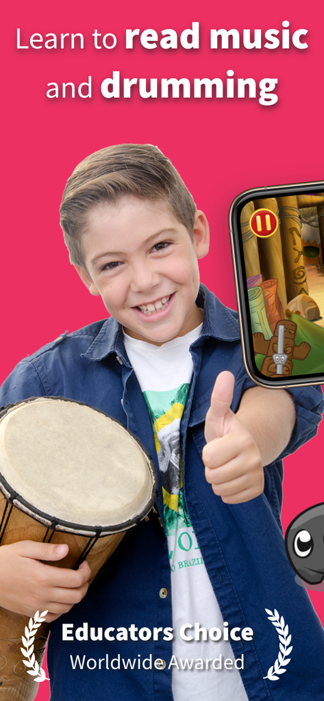 Learn music: Rhythmic Village - A smiling boy holding a drum next to a smartphone showing the Rhythmic Village music app interface