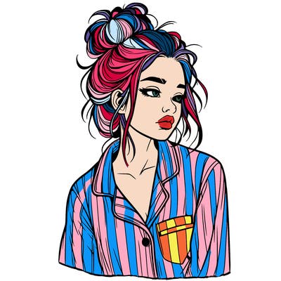 realistic woman with pajamas on and a messy bun