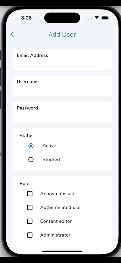 Drupal Admin - Mobile app screen for adding a new user in Drupal Admin with fields for email, username, password, status, and role selection.