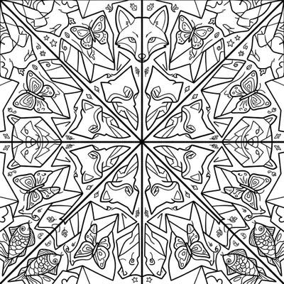 Explore the enchanting world of Kaleidoscope Animals with this stunning coloring page. Featuring a mesmerizing blend of foxes, butterflies, and fish, this intricate design promises hours of creative relaxation.