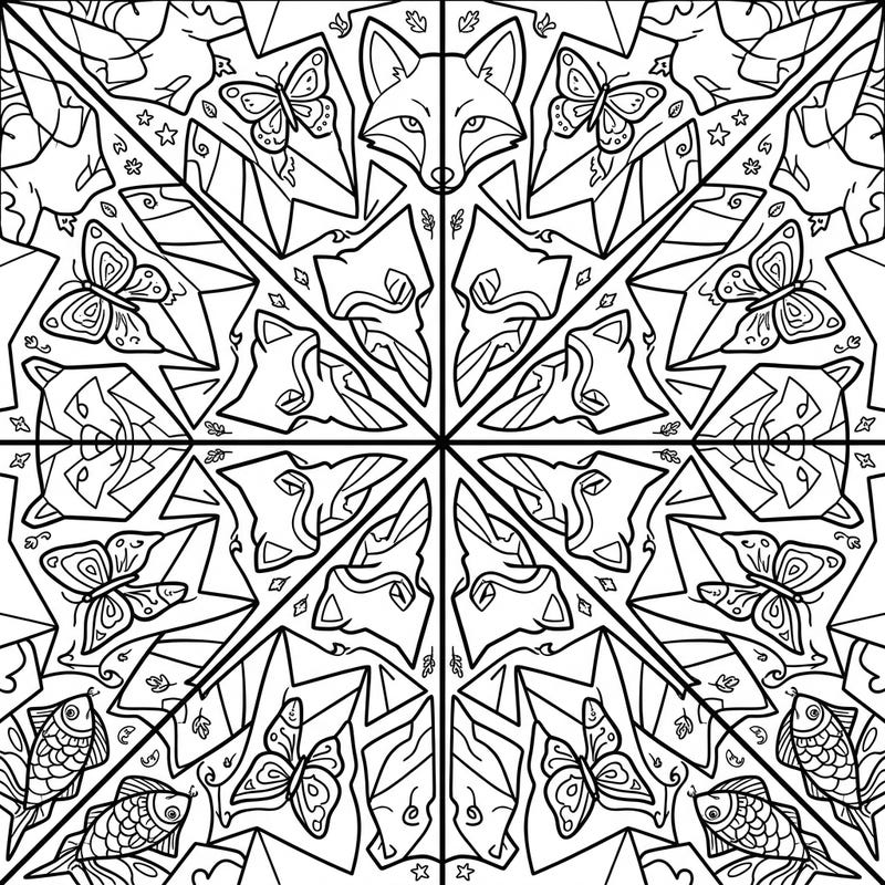 Explore the enchanting world of Kaleidoscope Animals with this stunning coloring page. Featuring a mesmerizing blend of foxes, butterflies, and fish, this intricate design promises hours of creative relaxation.